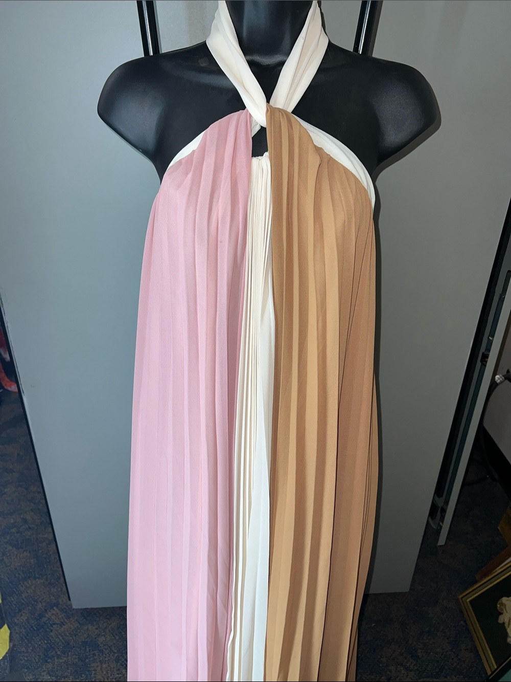 Colorblock Pleated Halter Maxi Dress in Pink, Cream & Tan